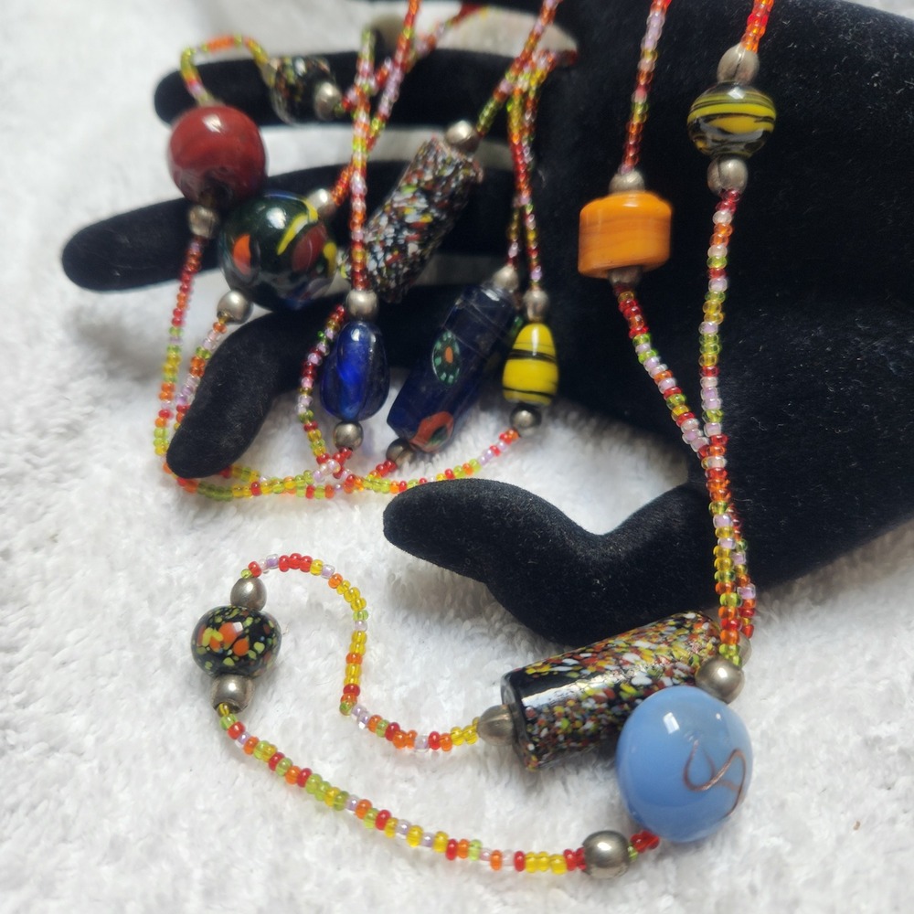 Vintage Handcrafted Millefiori Lampwork Glass Bead Long Strand Necklace Multi